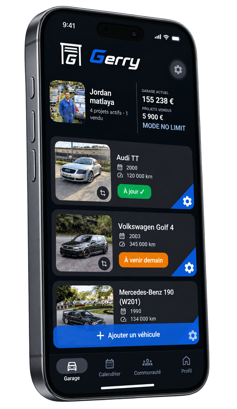 Écran Garage de l’application Gerry