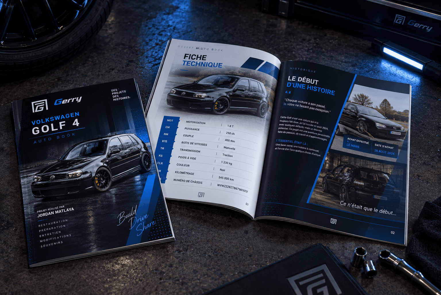 Magazine automobile fermé, ouvert et fiche technique sur fond bleu nuit