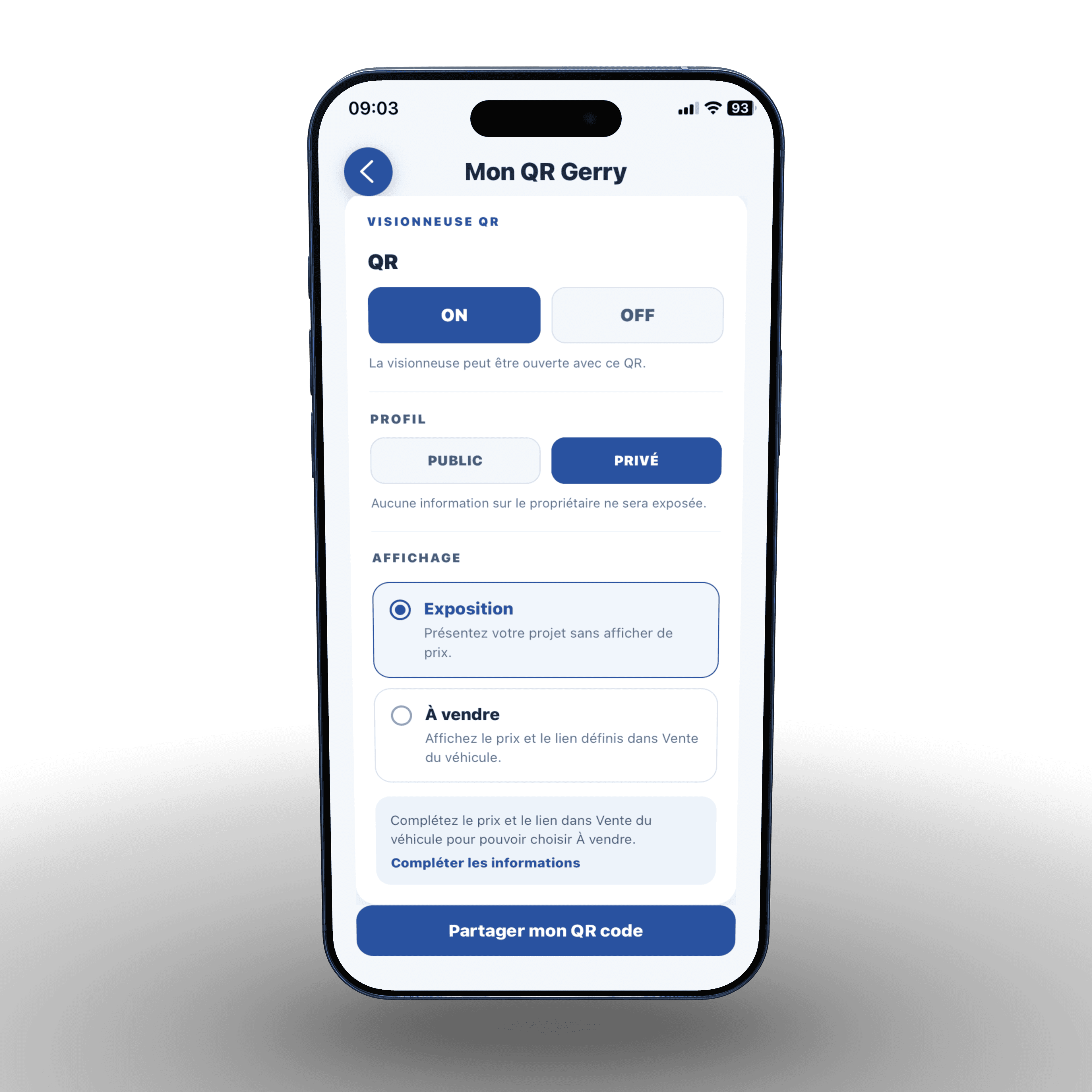 Réglages de confidentialité et du mode vente du QR code Gerry