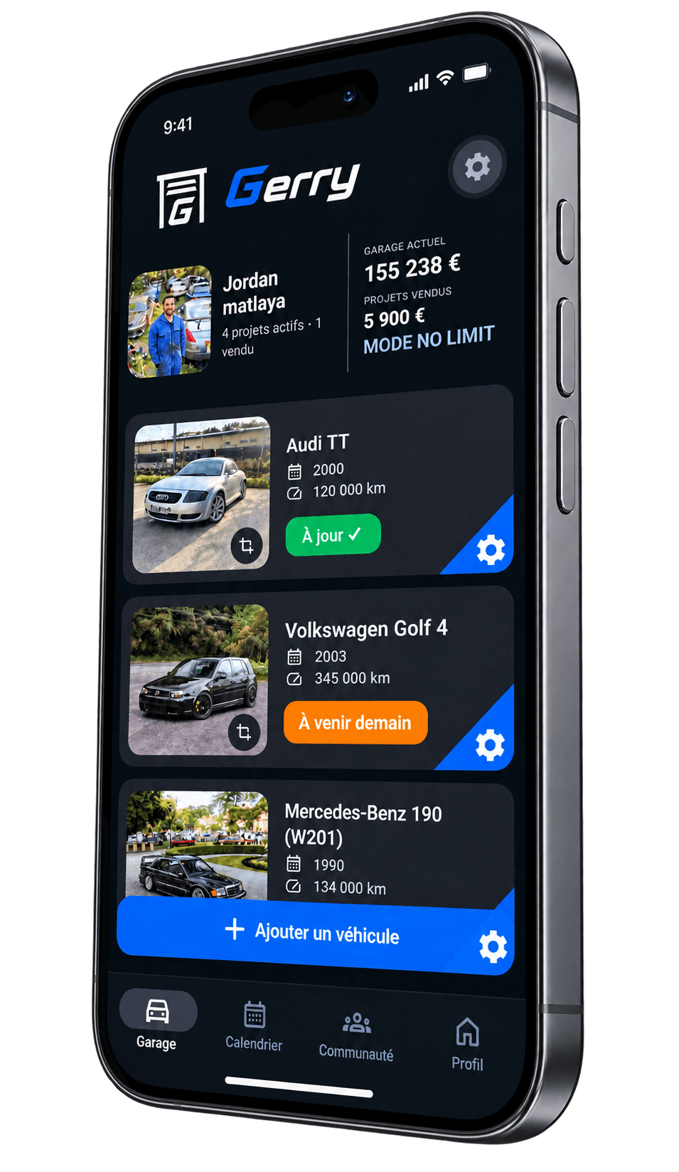 Écran Garage de l’application Gerry